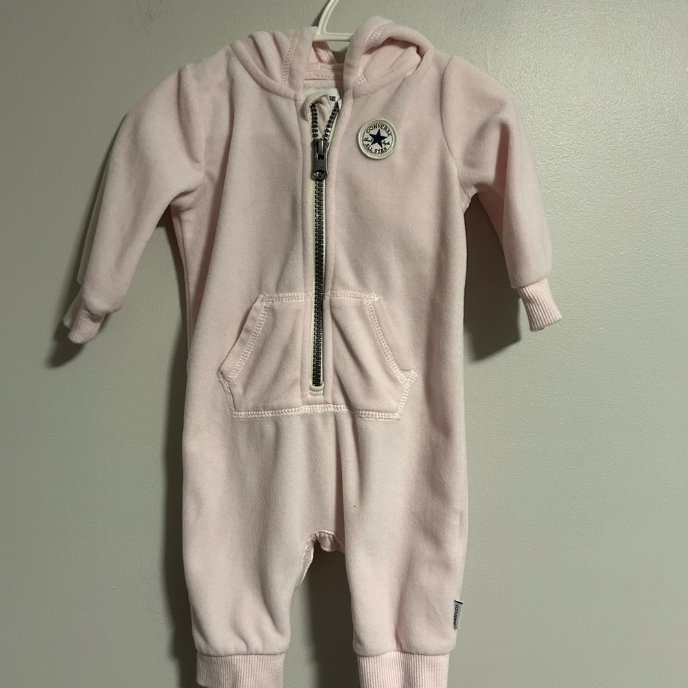Converse 3/6m light Pink fleece zip up hooded sweater romper